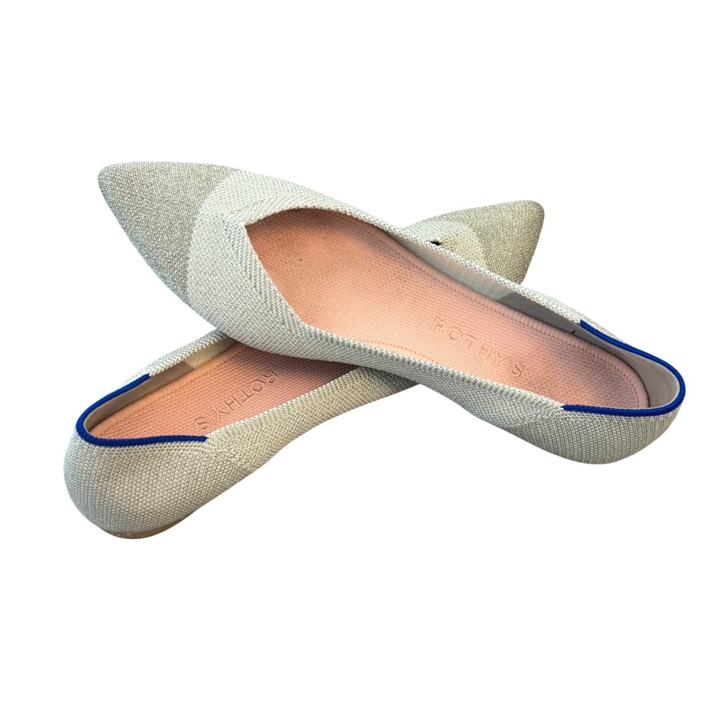 Rothys The Point Metallic Sand Silver Pointed Toe Flats Shoes Womens Size 9 - Picture 13 of 14